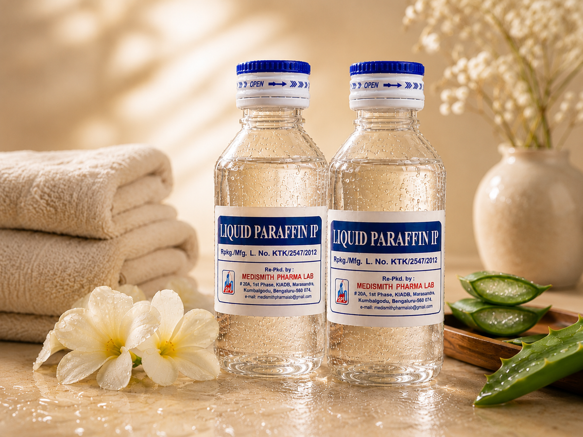 Liquid Paraffin Oil 100ml premium skincare lifestyle image with towel, flowers, and warm spa setup