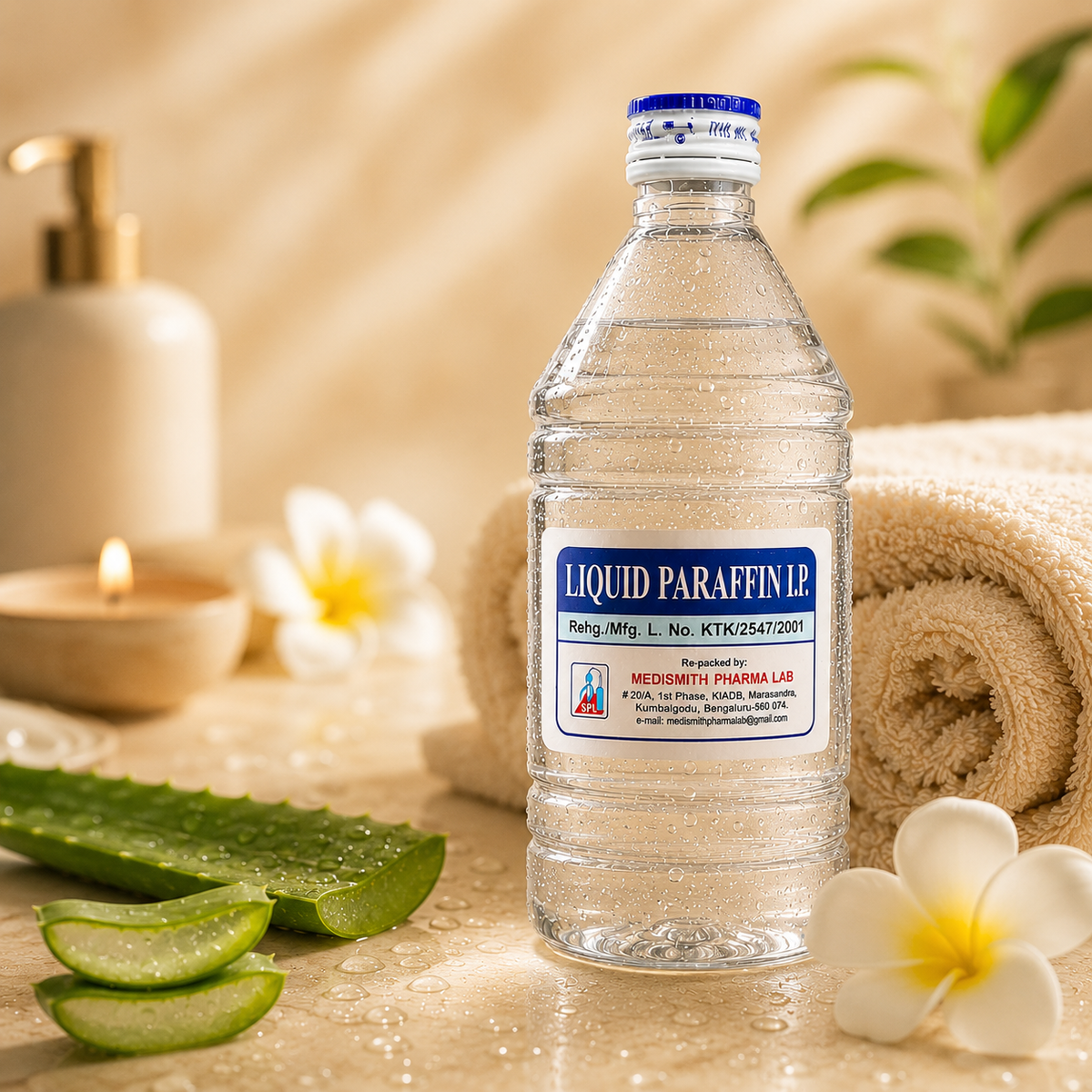 Liquid Paraffin Oil 400ml premium spa skincare image with aloe vera, towel, and hydration care setup