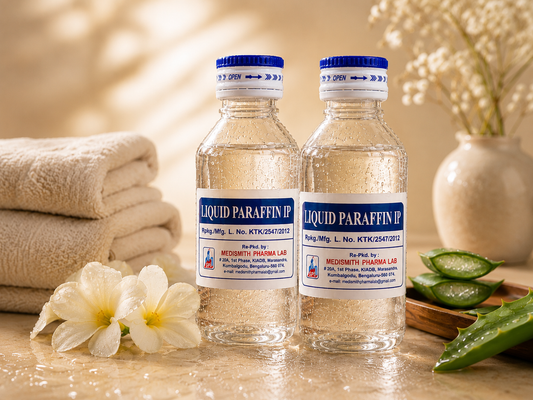 Liquid Paraffin Oil 100ml premium skincare lifestyle image with towel, flowers, and warm spa setup