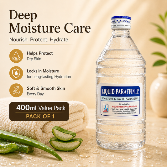 Liquid Paraffin Oil 400ml Value Pack on white background for dry skin care and daily moisturizing use