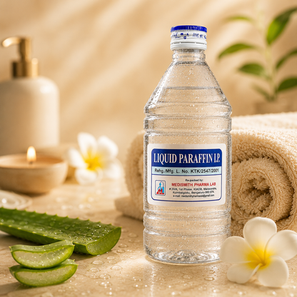 Liquid Paraffin Oil 400ml premium spa skincare image with aloe vera, towel, and hydration care setup