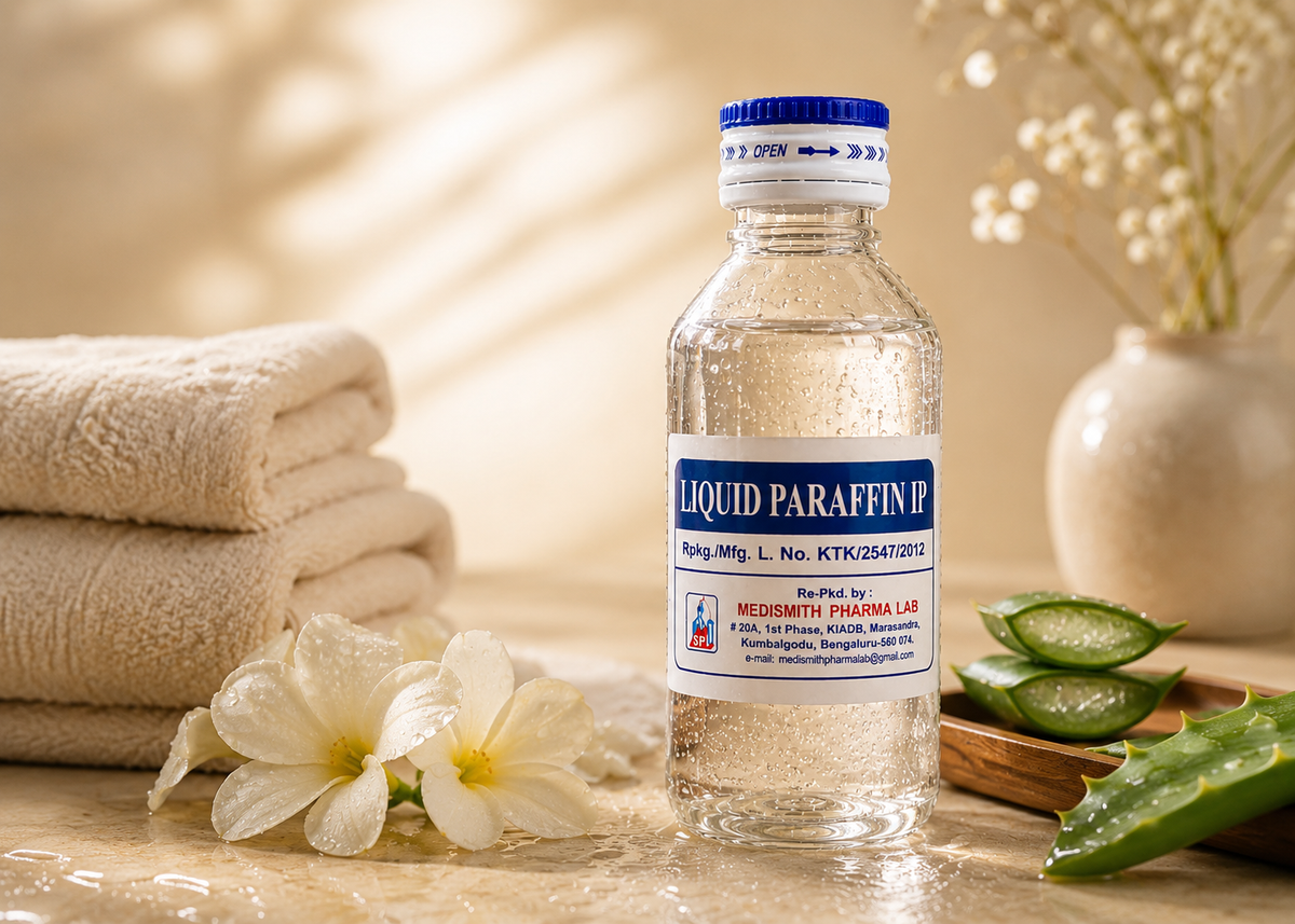 Liquid Paraffin Oil 100ml premium skincare lifestyle image with towel, flowers, and warm spa setup